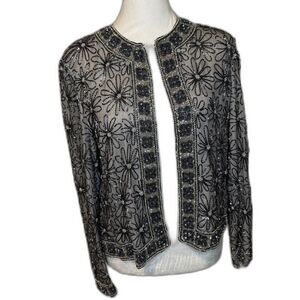Papell Boutique Beaded Sequin Silk Evening Jacket Black Silver Floral Womens M